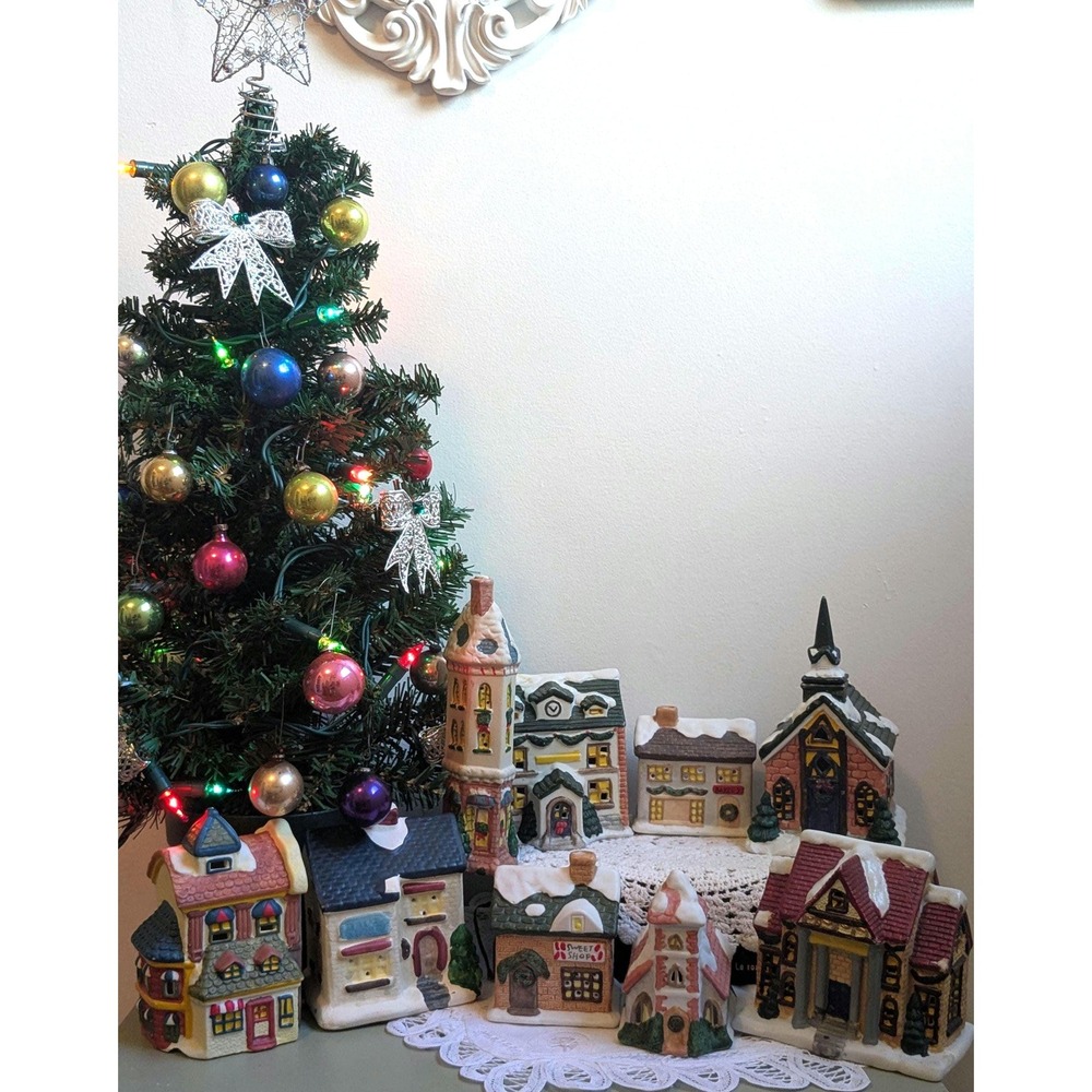 Vintage Christmas Village House Set of 9 Ceramic Holiday Buildings Church Bakery